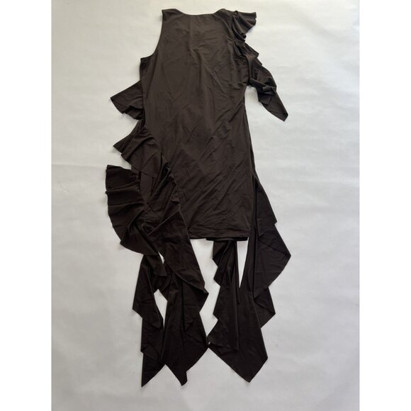 DYNAMITE Asymmetric Ruffled Mini Dress in Chocolate Plum Brown - Picture 4 of 5
